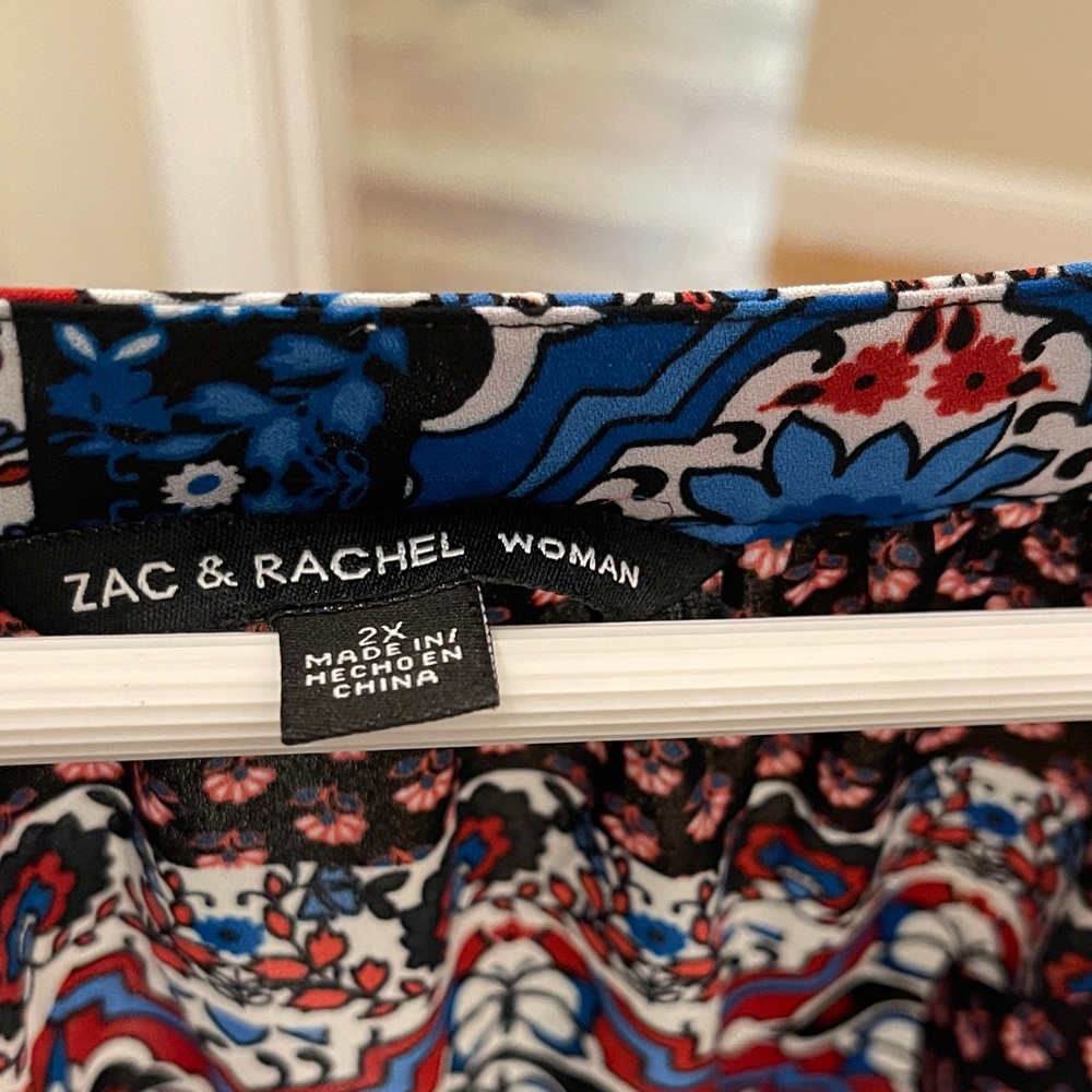 Zac & Rachel Multicolor Patchwork V-Neck Blouse — Blue, Red, White - Picture 2 of 4